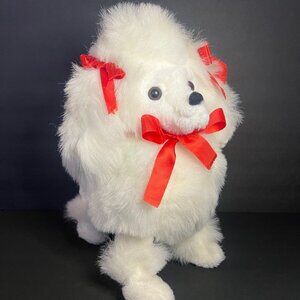Vintage Rare Dollcraft Collectible White Poodle Plush Dog w/ Red Bows 14.5"